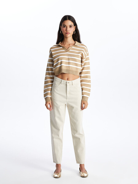 Striped Long Sleeve Crop Women's Knit Polo Sweater - 3