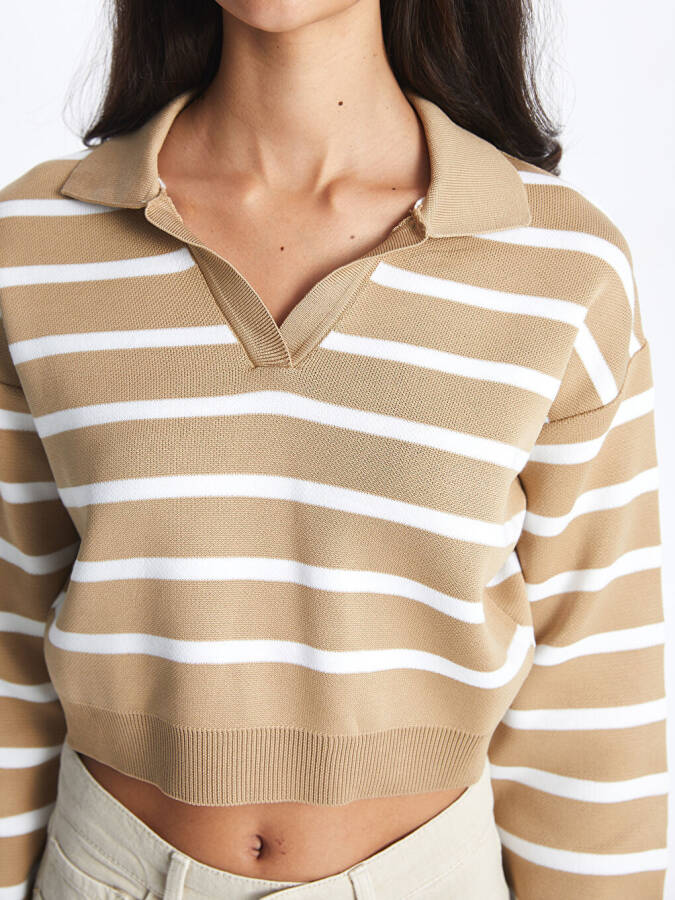 Striped Long Sleeve Crop Women's Knit Polo Sweater - 4