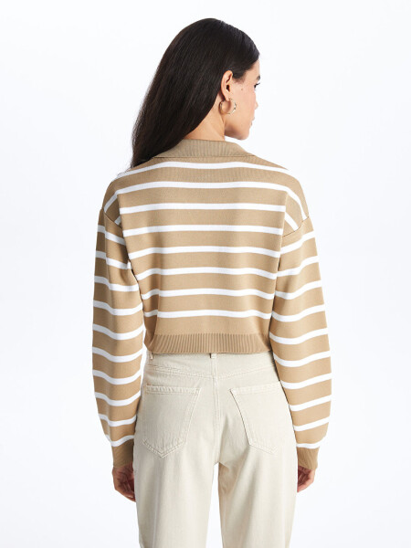 Striped Long Sleeve Crop Women's Knit Polo Sweater - 5