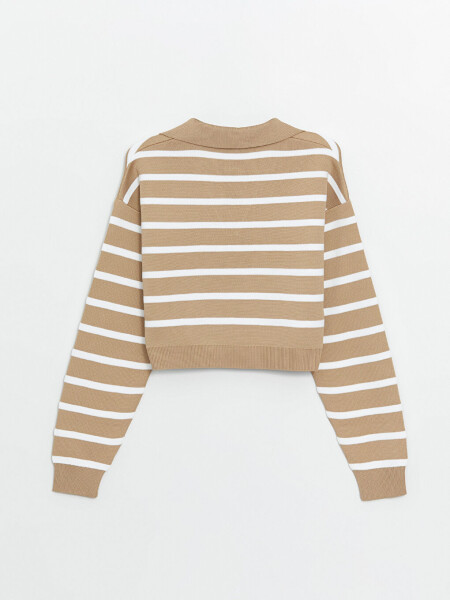 Striped Long Sleeve Crop Women's Knit Polo Sweater - 7