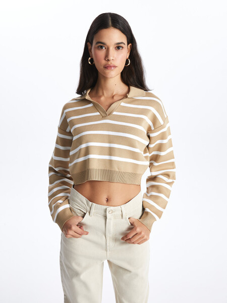 Striped Long Sleeve Crop Women's Knit Polo Sweater - 9