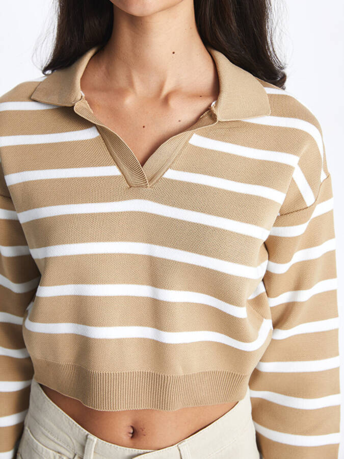 Striped Long Sleeve Crop Women's Knit Polo Sweater - 11