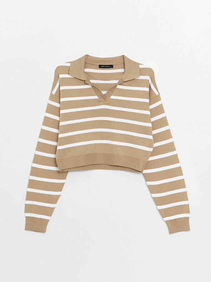 Striped Long Sleeve Crop Women's Knit Polo Sweater - 13