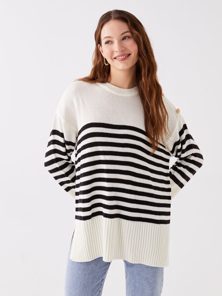 Striped Long Sleeve Oversized Women's Knit Sweater with a Bicycle Neck - 8