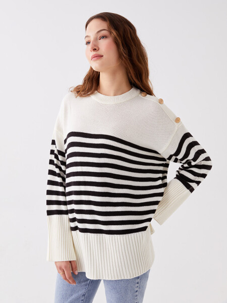 Striped Long Sleeve Oversized Women's Knit Sweater with a Bicycle Neck - 16