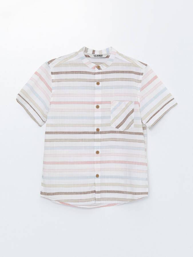 Striped Short Sleeve Boy's Shirt with Mandarin Collar - 1