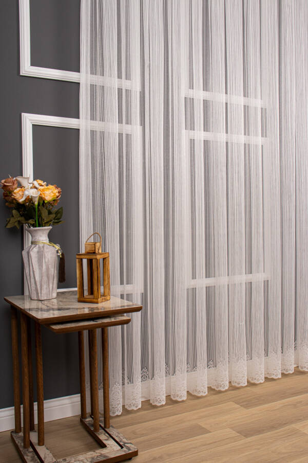 Striped Skirt Damask Voile Curtain, 150x260, Sparse Pleats, 1/2 - 6