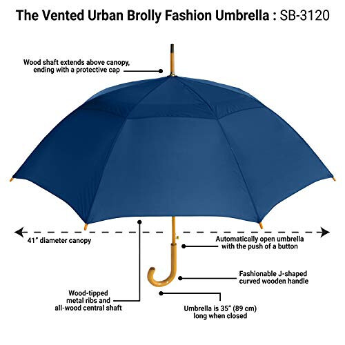 STROMBERGBRAND UMBRELLAS The Vented Urban Brolly 48” Arc Automatic Open Large Windproof Classic Umbrella with Wooden J Handle, Vintage Style Lightweight Long Curved Handle Umbrella for Rain - Black - 9