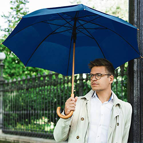 STROMBERGBRAND UMBRELLAS The Vented Urban Brolly 48” Arc Automatic Open Large Windproof Classic Umbrella with Wooden J Handle, Vintage Style Lightweight Long Curved Handle Umbrella for Rain - Black - 11