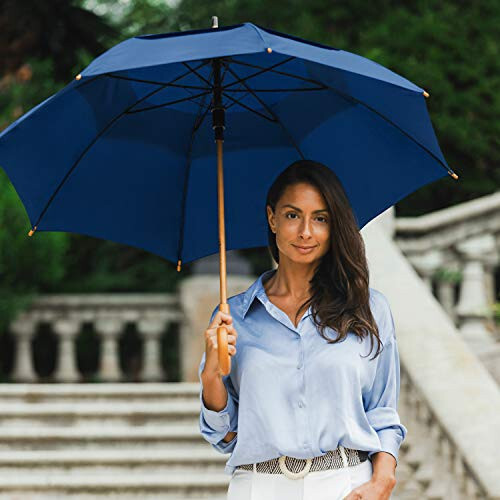 STROMBERGBRAND UMBRELLAS The Vented Urban Brolly 48” Arc Automatic Open Large Windproof Classic Umbrella with Wooden J Handle, Vintage Style Lightweight Long Curved Handle Umbrella for Rain - Black - 12