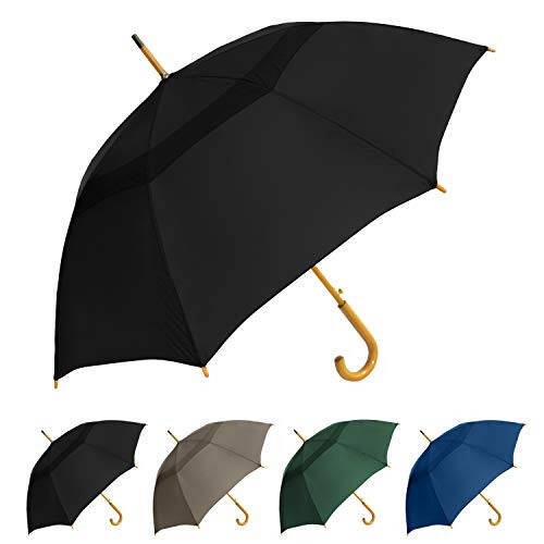 STROMBERGBRAND UMBRELLAS The Vented Urban Brolly 48” Arc Automatic Open Large Windproof Classic Umbrella with Wooden J Handle, Vintage Style Lightweight Long Curved Handle Umbrella for Rain - Black - 2