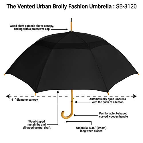 STROMBERGBRAND UMBRELLAS The Vented Urban Brolly 48” Arc Automatic Open Large Windproof Classic Umbrella with Wooden J Handle, Vintage Style Lightweight Long Curved Handle Umbrella for Rain - Black - 4