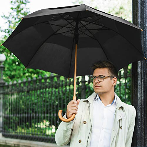 STROMBERGBRAND UMBRELLAS The Vented Urban Brolly 48” Arc Automatic Open Large Windproof Classic Umbrella with Wooden J Handle, Vintage Style Lightweight Long Curved Handle Umbrella for Rain - Black - 5