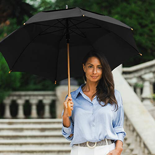 STROMBERGBRAND UMBRELLAS The Vented Urban Brolly 48” Arc Automatic Open Large Windproof Classic Umbrella with Wooden J Handle, Vintage Style Lightweight Long Curved Handle Umbrella for Rain - Black - 6