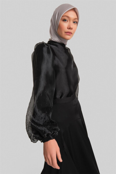 Stylish blouse with stone-embellished sleeves. 24Y3538, Black. - 1