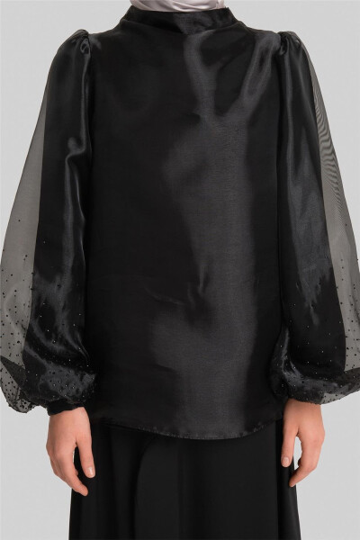 Stylish blouse with stone-embellished sleeves. 24Y3538, Black. - 4