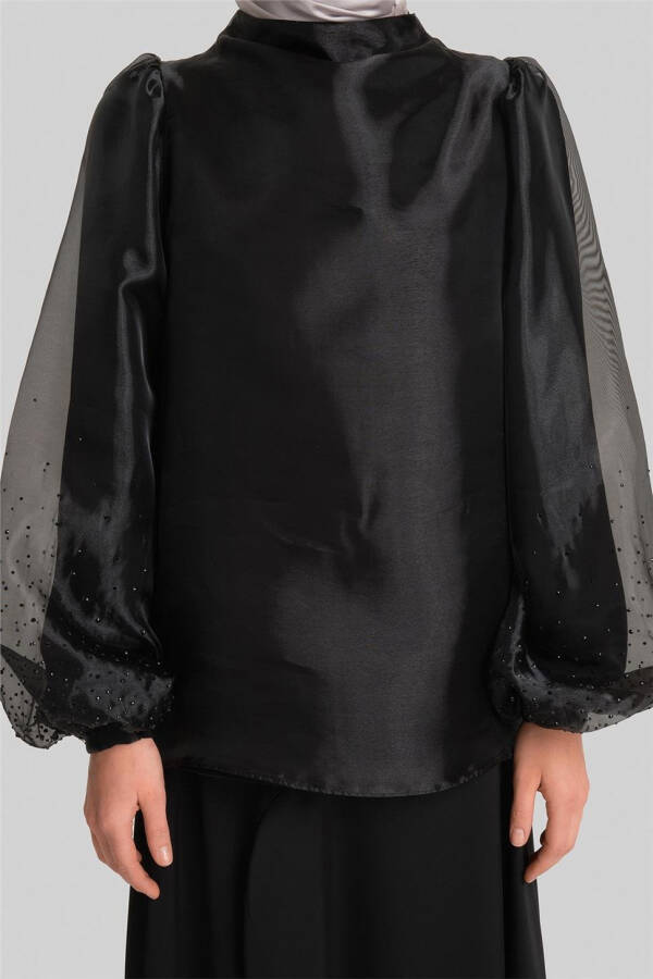 Stylish blouse with stone-embellished sleeves. 24Y3538, Black. - 4