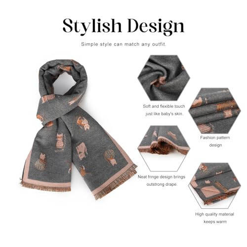 Sumato Scarf for Women Fall Winter Shawl Wraps Long Women Scarves Warm Soft Cashmere Feel Classic Cat Style - 4