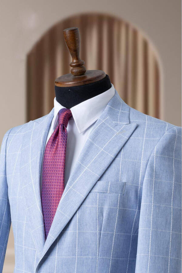 Summer Fabric Blue Plaid Italian Style Lined Men's Blazer Jacket - 2