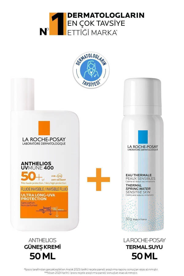 Sun Protection Skin Care Set: Anthelios Uvmune Face Sunscreen 50ML & Thermal Water 50ML - 15