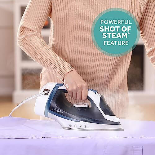 Sunbeam 1700W Steam Iron, 8' Ret retractable Cord, Variable Temperature Select, Non-Stick Soleplate, Dual Spray Mist, Horizontal or Vertical Shot of Steam Feature, 3-Way Auto-Off, Blue and White - 3