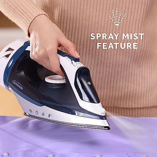 Sunbeam 1700W Steam Iron, 8' Ret retractable Cord, Variable Temperature Select, Non-Stick Soleplate, Dual Spray Mist, Horizontal or Vertical Shot of Steam Feature, 3-Way Auto-Off, Blue and White - 5