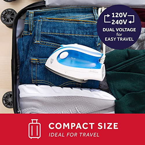 Sunbeam Hot-2-Trot Travel Steam Iron, 800 Watt Dual Voltage 120/240, Compact Size, Portable, Non-Stick Soleplate, Soft Touch Handle, Horizontal or Vertical Use, White and Blue - 2