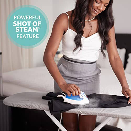 Sunbeam Hot-2-Trot Travel Steam Iron, 800 Watt Dual Voltage 120/240, Compact Size, Portable, Non-Stick Soleplate, Soft Touch Handle, Horizontal or Vertical Use, White and Blue - 3