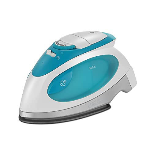 Sunbeam Travel Steam Iron, 1080 Watt, Dual Voltage 120/240, Compact Size, Portable, Non-Stick Soleplate, Soft Touch Handle, Horizontal or Vertical Use, Travel Bag, White and Teal - 1