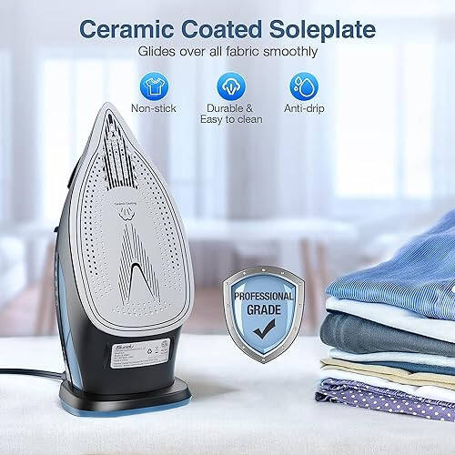 Sundu Steam Iron for Clothes with Rapid Heating Ceramic Coated Soleplate, 1700W with Precise Thermostat Dial, Self-Cleaning, Auto-Off, 15.21oz Water Tank for Home Clothes Ironing Use, Blue - 2