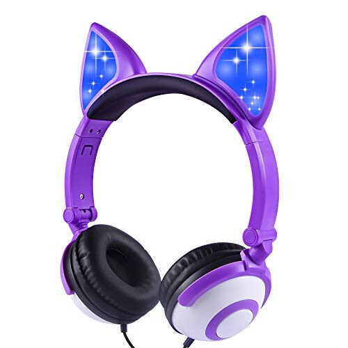 Sunvito headphones for kids for school, Cat ears with LED kids headphones, Folded headphones wired for girls boys, 85db volume, head phones electronics wired - lavender - 1