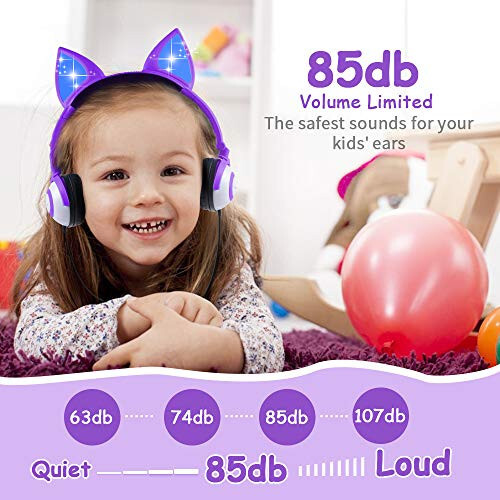 Sunvito headphones for kids for school, Cat ears with LED kids headphones, Folded headphones wired for girls boys, 85db volume, head phones electronics wired - lavender - 2