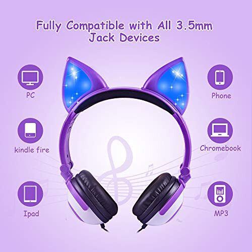 Sunvito headphones for kids for school, Cat ears with LED kids headphones, Folded headphones wired for girls boys, 85db volume, head phones electronics wired - lavender - 3