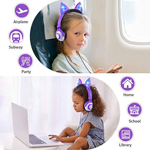 Sunvito headphones for kids for school, Cat ears with LED kids headphones, Folded headphones wired for girls boys, 85db volume, head phones electronics wired - lavender - 4