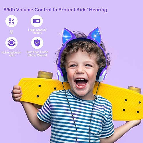 Sunvito headphones for kids for school, Cat ears with LED kids headphones, Folded headphones wired for girls boys, 85db volume, head phones electronics wired - lavender - 5