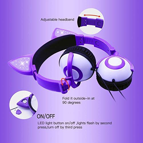 Sunvito headphones for kids for school, Cat ears with LED kids headphones, Folded headphones wired for girls boys, 85db volume, head phones electronics wired - lavender - 6