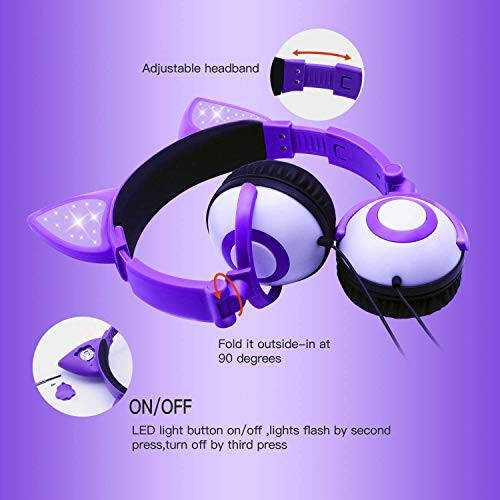 Sunvito headphones for kids for school, Cat ears with LED kids headphones, Folded headphones wired for girls boys, 85db volume, head phones electronics wired - lavender - 6