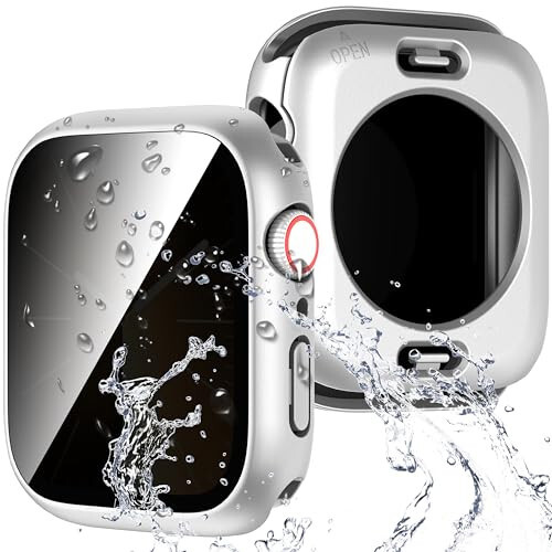 Suoman 3 in 1 Case for Apple Watch Series 6/5/4 44mm Waterproof Privacy Screen Protector, Tempered Glass Cover Front + Back Bumper 360° Protection Cover for iWatch Series 6/5/4 44mm - Silver - 1