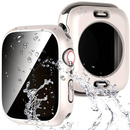 Suoman 3 in 1 Case for Apple Watch Series 6/5/4 44mm Waterproof Privacy Screen Protector, Tempered Glass Cover Front + Back Bumper 360°Protection Cover for iWatch Series 4/5/6 44mm - Starlight - 1