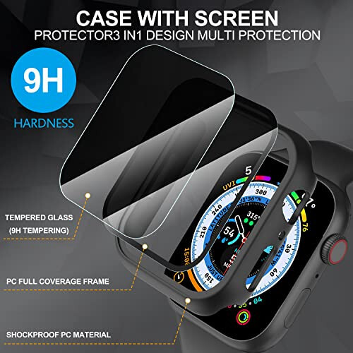 Suoman 3 in 1 Case for Apple Watch Series 6/5/4 44mm Waterproof Privacy Screen Protector, Tempered Glass Cover Front + Back Bumper 360°Protection Cover for iWatch Series 6/5/4 44mm-Black - 3