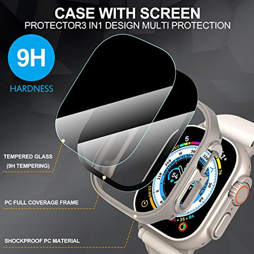 Suoman 3 in 1 Case for Apple Watch Ultra 2 /Ultra 49mm Waterproof Privacy Screen Protector, Tempered Glass Cover Front + Back Bumper 360°Protection Cover for iWatch Ultra 2 /Ultra 49mm-Titanium - 4