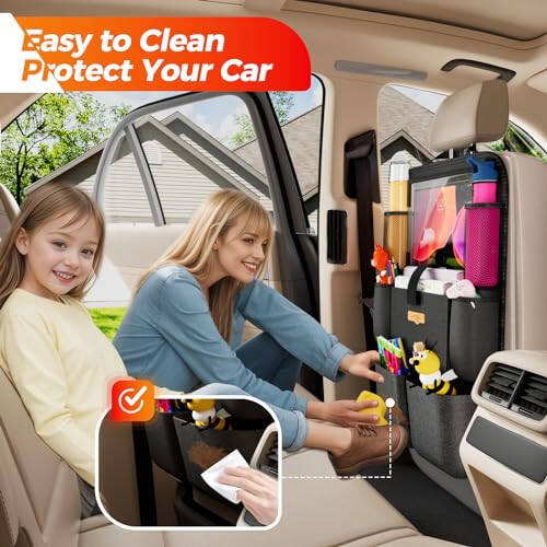 SURDOCA Upgraded Car Organizer with 11-inch Tablet Holder, 8 Pockets, Car Seat Protector for Road Trips - Car Storage and Organizers for Kids - 17