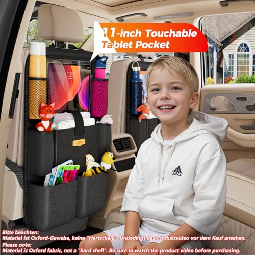 SURDOCA Upgraded Car Organizer with 11-inch Tablet Holder, 8 Pockets, Car Seat Protector for Road Trips - Car Storage and Organizers for Kids - 18