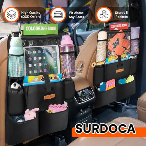 SURDOCA Upgraded Car Organizer with 11-inch Tablet Holder, 8 Pockets, Car Seat Protector for Road Trips - Car Storage and Organizers for Kids - 10