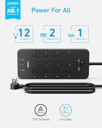 Surge Protector Power Strip (2100J), Anker 12 Outlets with 1 USB C and 2 USB Ports for iPhone 15/15 Plus/15 Pro/15 Pro Max, 5ft Extension Cord, Flat Plug, 20W USB C Charging for Home, Office, TUV Listed - 2