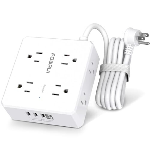 Surge Protector Power Strip - 6 Ft Flat Plug Extension Cord with 8 Widely Outlets and 4 USB Ports(1 USB C), 3 Side Outlet Extender for Home Office, White, ETL Listed - 1