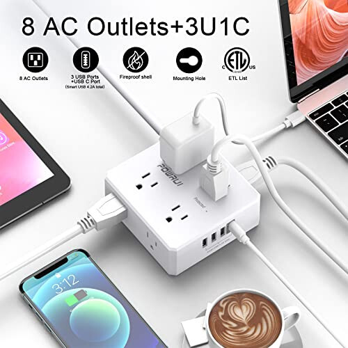 Surge Protector Power Strip - 6 Ft Flat Plug Extension Cord with 8 Widely Outlets and 4 USB Ports(1 USB C), 3 Side Outlet Extender for Home Office, White, ETL Listed - 2