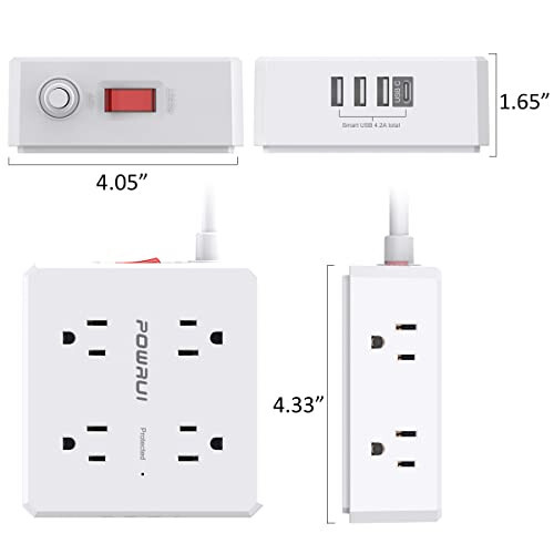 Surge Protector Power Strip - 6 Ft Flat Plug Extension Cord with 8 Widely Outlets and 4 USB Ports(1 USB C), 3 Side Outlet Extender for Home Office, White, ETL Listed - 7