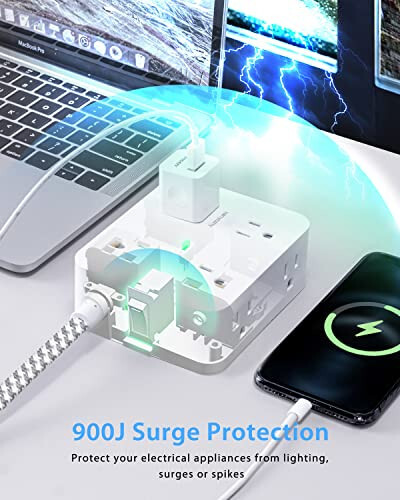 Surge Protector Power Strip - 8 Outlets with 4 USB (2 USB C) Charging Ports, Multi Plug Outlet Extender, 5Ft Braided Extension Cord, Flat Plug Wall Mount Desk USB Charging Station for Home Office ETL - 14