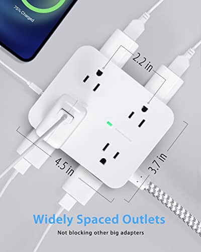 Surge Protector Power Strip - 8 Outlets with 4 USB (2 USB C) Charging Ports, Multi Plug Outlet Extender, 5Ft Braided Extension Cord, Flat Plug Wall Mount Desk USB Charging Station for Home Office ETL - 15